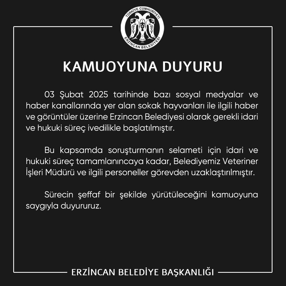 Erzincan Belediyesi Veteriner İşleri Müdürü görevden uzaklaştırıldı.