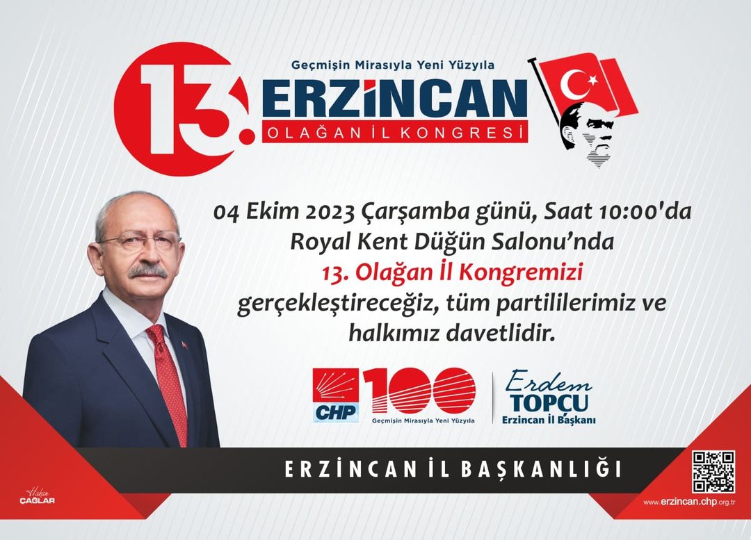 CHP Erzincan İl Başkanlığı Kongresi 04 Ekim 2023 Çarşamba günü yapılacak