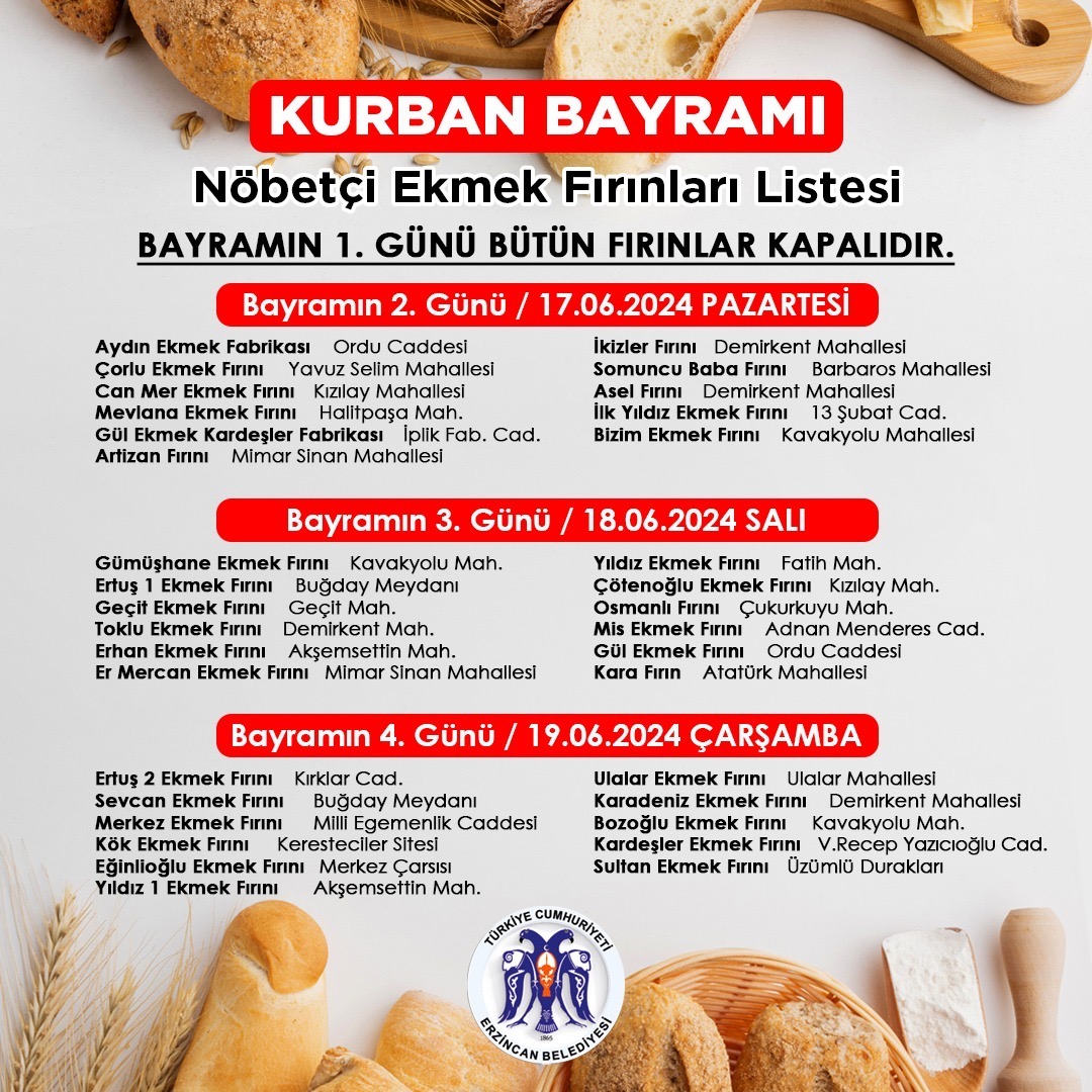 Kurban Bayramı Nöbetçi Ekmek Fırınları Listesi