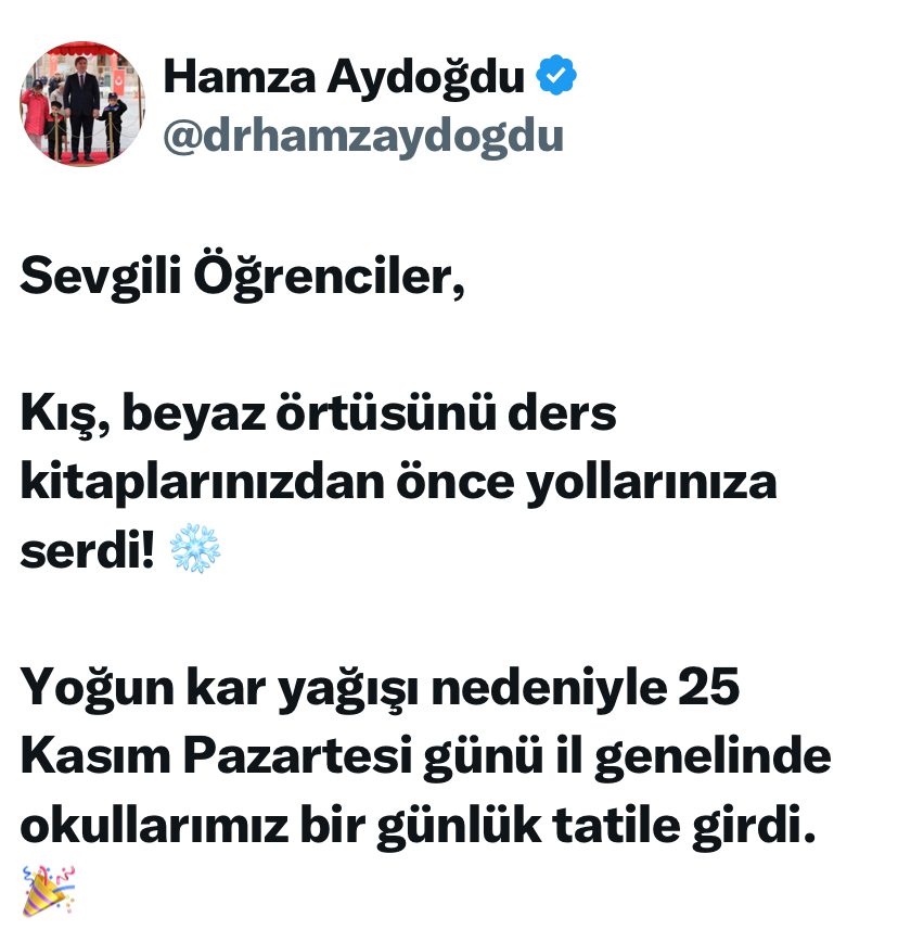 Kar yağışı nedeniyle Erzincanda il genelinde okullar bir gün tatil edildi.